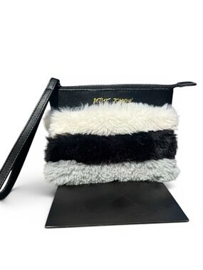 EUC Betsey Johnson Black, White & Gray Faux Fur Stripe Wristlet